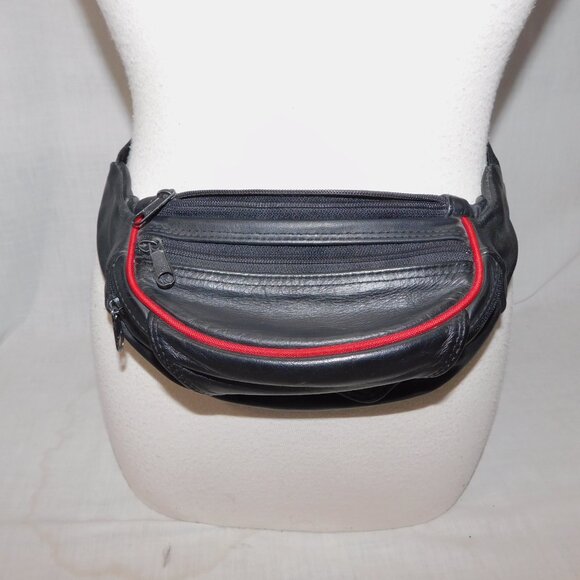 Targus Leather Black With Red Detail Adjustable Fanny Pack Belt Bag - Picture 2 of 8